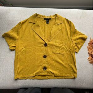 Linen blend yellow button up collared top Size Medium